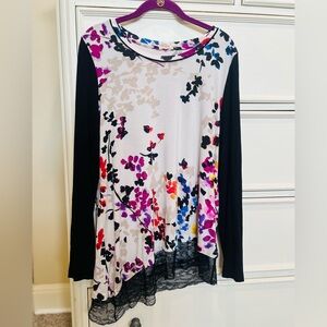 Logo by Lori Goldstein Multi- Print Blouse with Lace Asymmetrical Hem